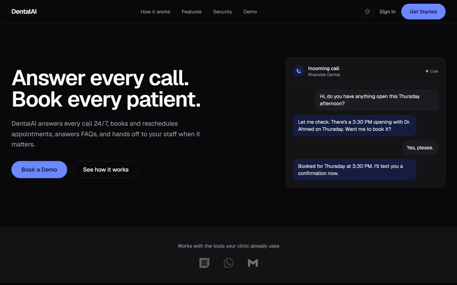 DentalAI Receptionist product site: Answer every call. Book every patient.
