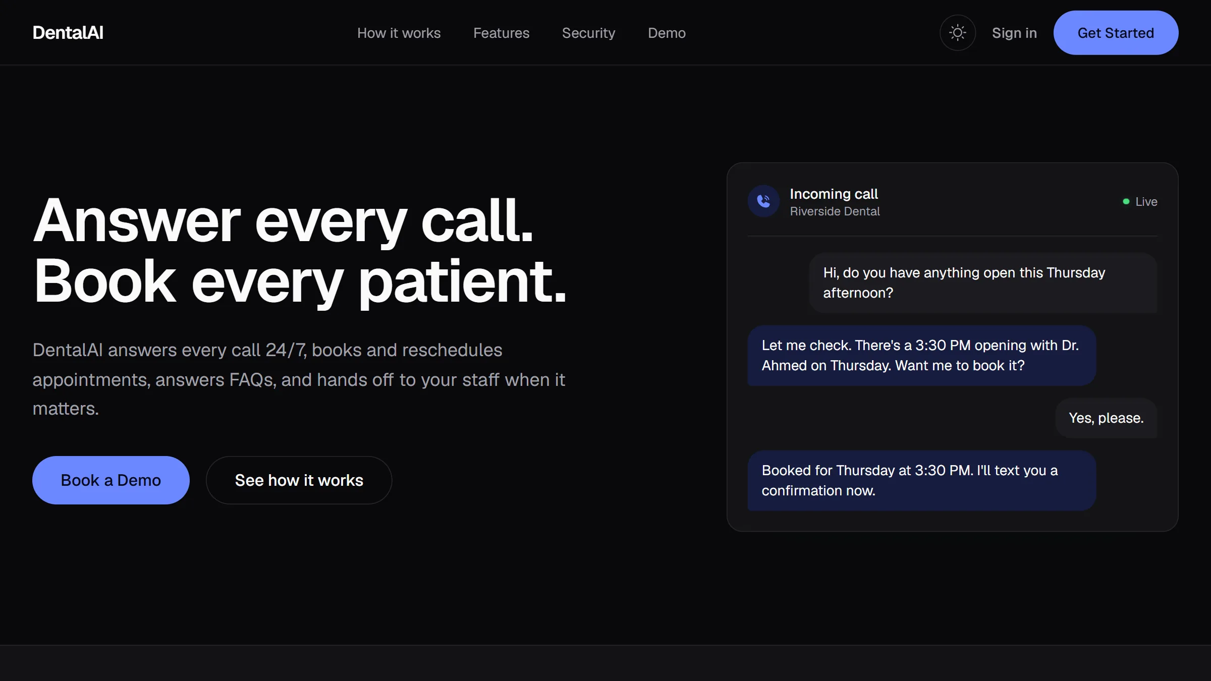 DentalAI Receptionist product site homepage