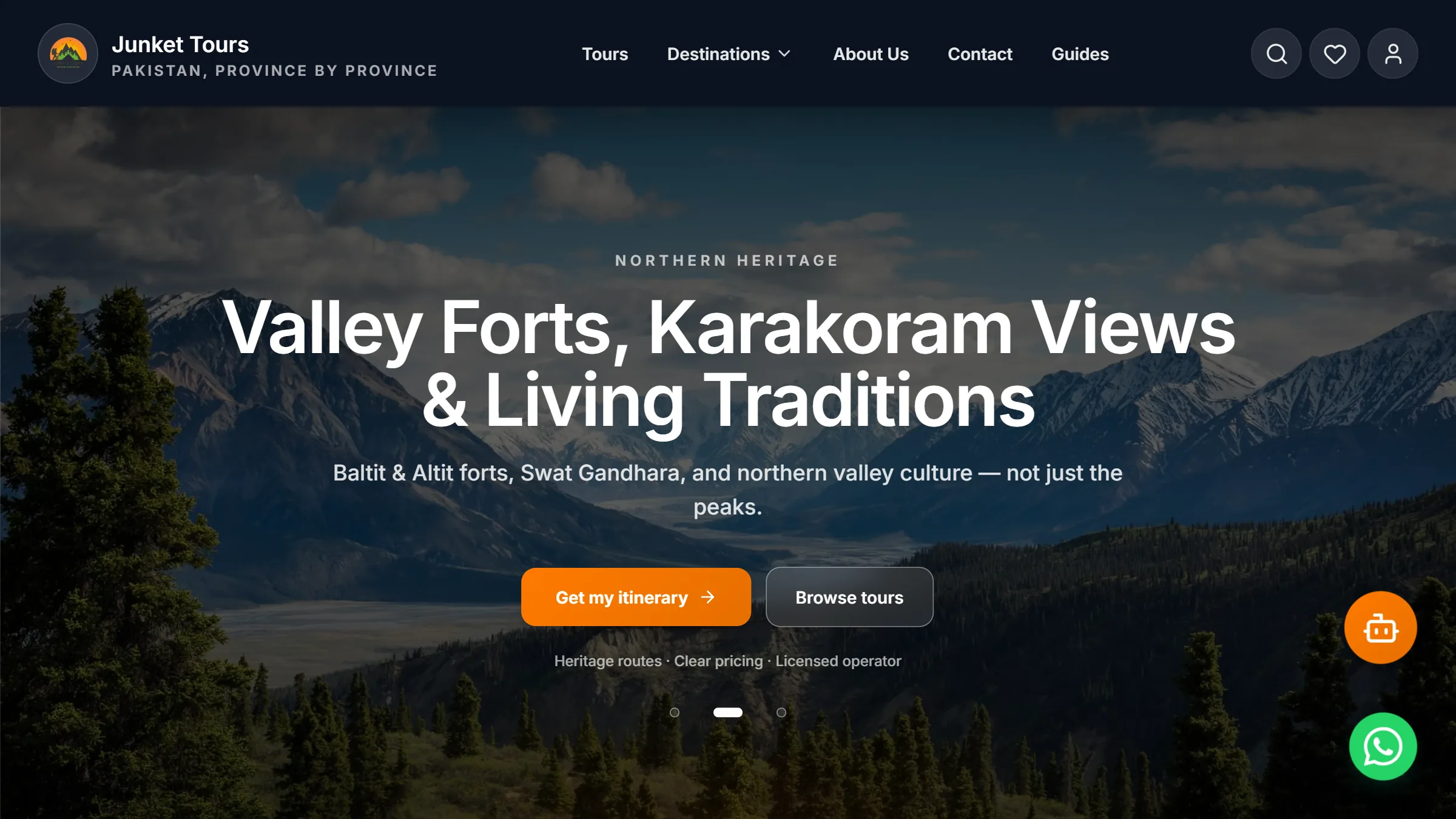 Junket Tours homepage with featured northern Pakistan tours