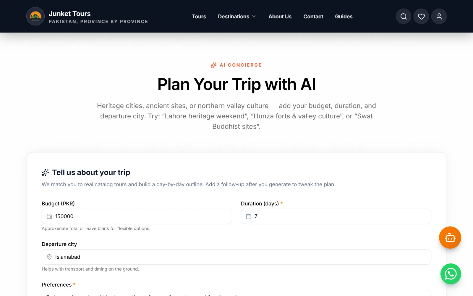 The AI trip planner form filled in for a 7-day northern trip on a mid budget