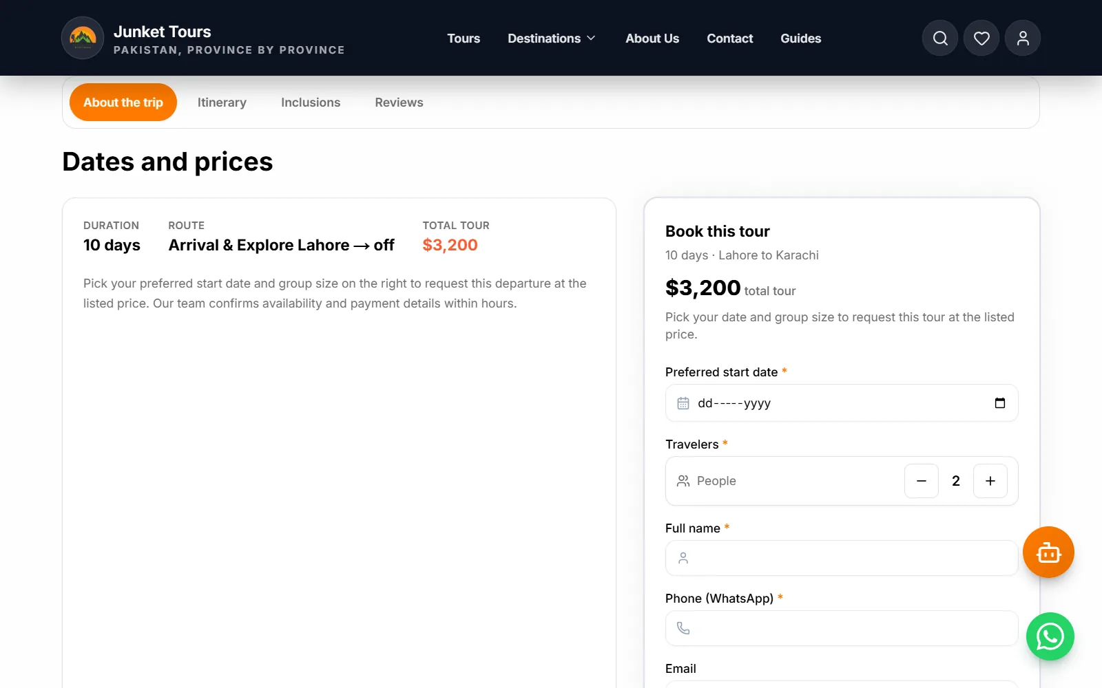 Junket Tours tour page with the itinerary and the booking form