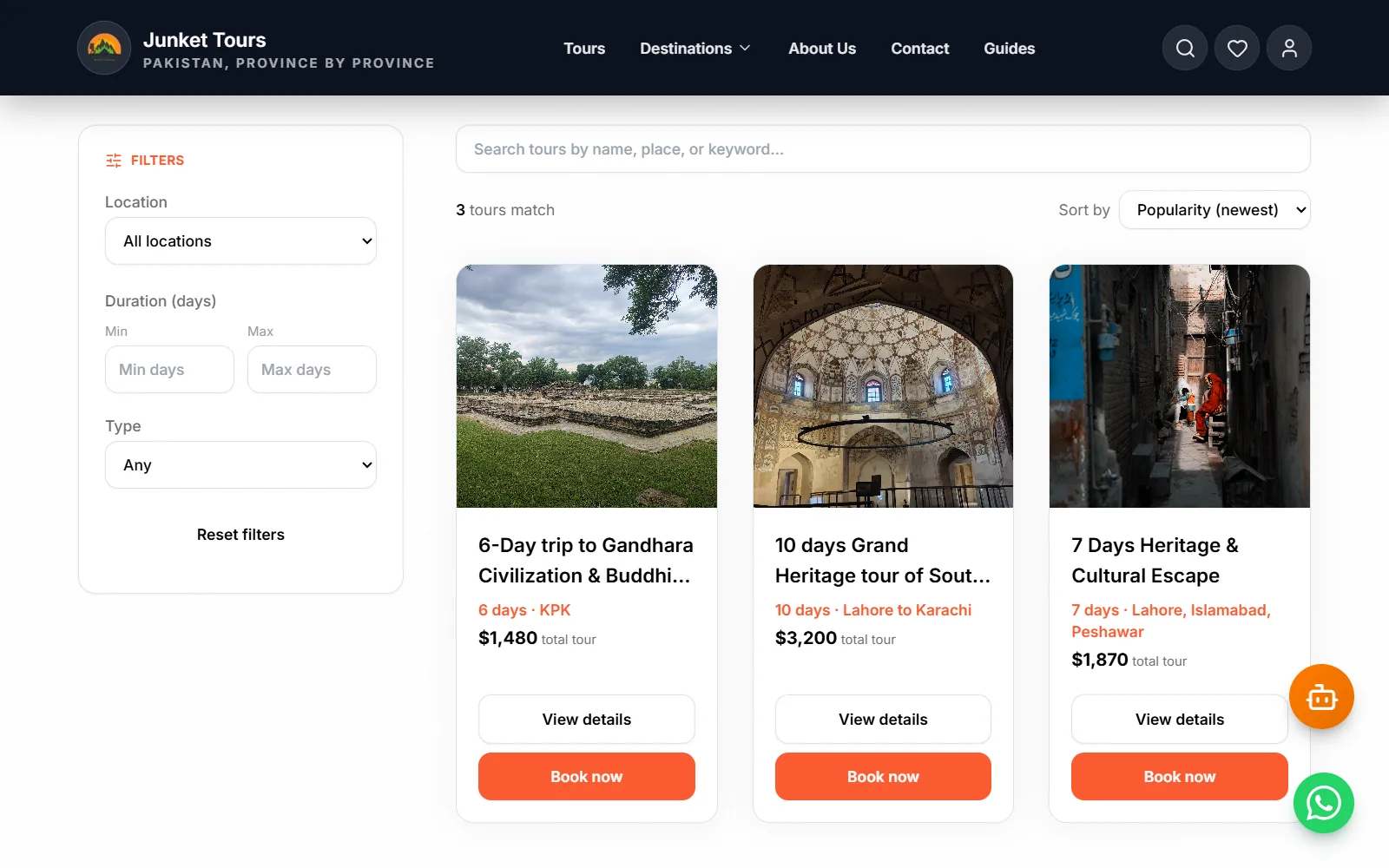 The tours catalog that staff manage from the admin panel